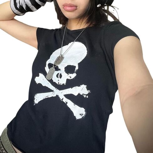 Women Y2K Grunge Short Sleeve T-Shirt Crew Neck Graphic Baby Tee Slim Casual Going Out Top Halloween Gothic Shirt in Kuwait