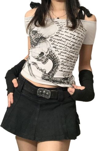 Women Y2K Grunge Short Sleeve T-Shirt Crew Neck Graphic Baby Tee Slim Casual Going Out Top Halloween Gothic Shirt in Kuwait