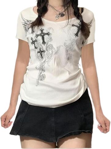 Women Y2K Grunge Short Sleeve T-Shirt Crew Neck Graphic Baby Tee Slim Casual Going Out Top Halloween Gothic Shirt in Kuwait