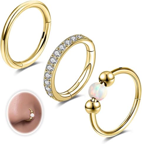 18G 3PCS Nose Rings Hoops 316L Surgical Steel Opalite Nose Rings for Women Clear CZ Nose Rings Hoop 8mm/10mm Septum Rings Clicker for Cartilage Daith Helix Tragus Conch Piercing Jewelry in Kuwait