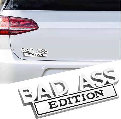 شعار السيارة Bad Ass Edition، ملصق شارة السيارة المعدنية ثلاثي الأبعاد، ملحقات بديلة لملصقات السيارات ذاتية اللصق لطيفة لصندوق غطاء الشبكة الأمامية للباب الخلفي، عالمي لمعظم السيارات (فضي/أسود) in Kuwait