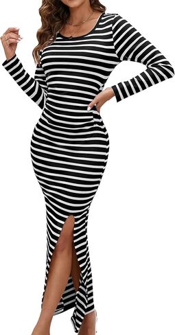 Women's Bodycon Maxi Dresses Casual Fall Long Sleeve Striped Ribbed Knit Fitted Slit Vacation Long Dress 2024 in Saudi Arabia