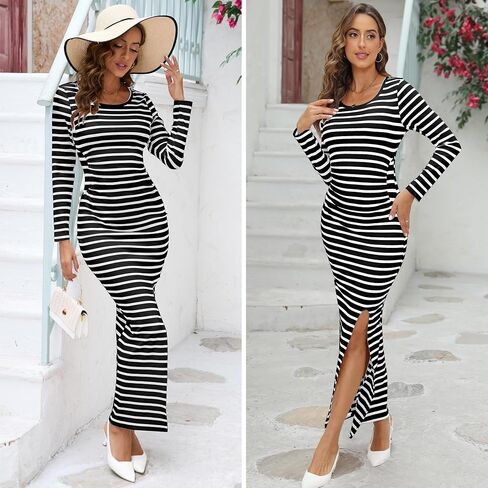 Women's Bodycon Maxi Dresses Casual Fall Long Sleeve Striped Ribbed Knit Fitted Slit Vacation Long Dress 2024 in Saudi Arabia