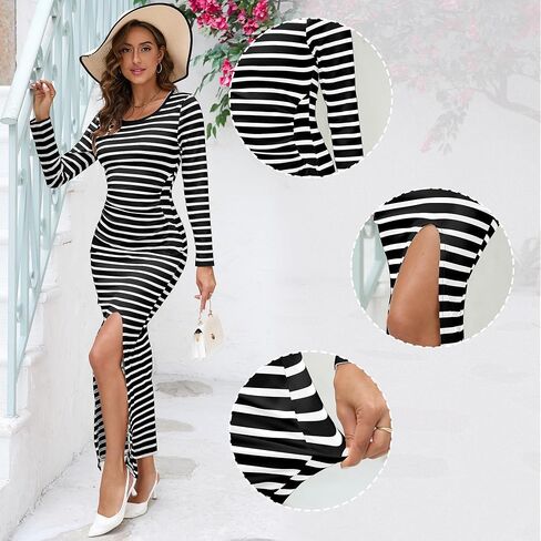 Women's Bodycon Maxi Dresses Casual Fall Long Sleeve Striped Ribbed Knit Fitted Slit Vacation Long Dress 2024 in Saudi Arabia