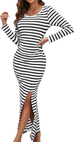 Women's Bodycon Maxi Dresses Casual Fall Long Sleeve Striped Ribbed Knit Fitted Slit Vacation Long Dress 2024 in Saudi Arabia