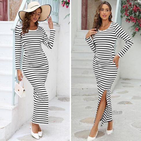 Women's Bodycon Maxi Dresses Casual Fall Long Sleeve Striped Ribbed Knit Fitted Slit Vacation Long Dress 2024 in Saudi Arabia