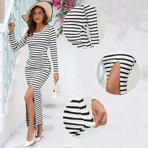 Women's Bodycon Maxi Dresses Casual Fall Long Sleeve Striped Ribbed Knit Fitted Slit Vacation Long Dress 2024 in Saudi Arabia