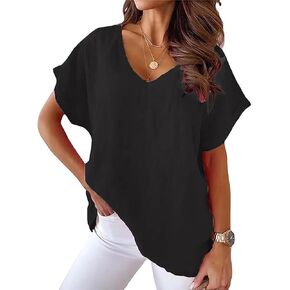 Women Cotton Linen Tops Causal Summer Short Sleeve Oversized T Shirts V Neck Loose Blouses