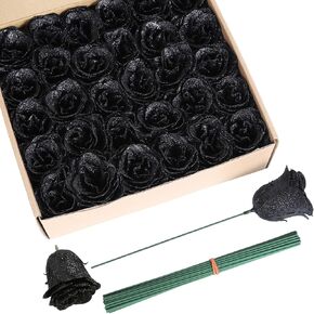 Black Roses Artificial Flowers, 30pcs Glitter Roses Artificial Roses with Stems for Crafts Wedding Bouquet Party Home Decor(Black)