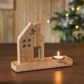 Tealight Holder Wooden Saltbox House w/Star Natural 10.25x9x2.5