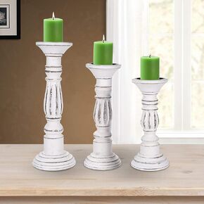 Wooden Candle Holders Set of 3, (Colour - Whitewash Finish, Size -14",12",10") Wood Candalbras, Wooden Candle Holder, Unity Candle Holders, Rounded Turned Colums, Country Style Idle Gift for Wedding