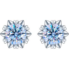 14K Gold Heart Snowflake Stud Earrings with 0.5/1ct D-Color VVS1 Round Cut Blue Diamond, Birthday Gifts for Women