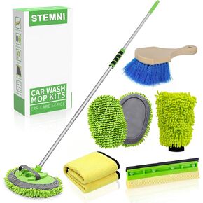 62'' Car Wash Brush with Long Handle Chenille Microfiber Car Wash Mop Mitt Wheel Tire Brush Car Cleaning Kit Windshield Window Squeegee Dry Towels for Cars RV Truck Boat