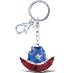 Cowboy Hat Keychain - Texas Flag Hat 3D Sparkling Charm Rhinestones Fashionable Stylish Metal Alloy Durable Keyring Bling Crystal Jewelry Accessory With Clasp