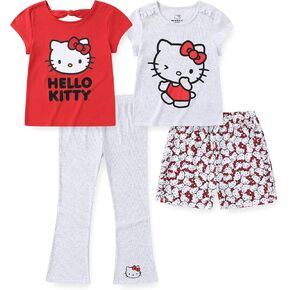 Hello Kitty Sanrio Girls 4 Pack Mix and Match 2 Short Sleeve T-Shirts, Short, and Flared Pants Set for Big Kids
