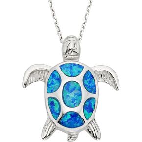 Sterling Silver Gold Tone or Rose Tone Created Blue or Pink Opal Nautical Sea Turtle 18" Pendant Necklace in Kuwait