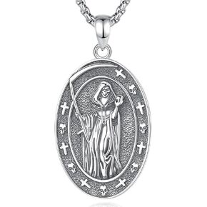 INFUSEU Santa Muerte Necklace for Women Men Sterling Silver 925 Pendant Cadena De La Santa Muerte Grim Reaper Skull Skeleton Jewelry Gift Patron Saint of Death Day of Dead