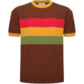 OXKNIT Mens Retro Knitted Shirt Short Sleeve Classic Crewneck Brown Shirt with Chest Striped