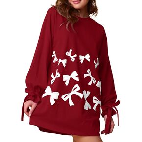 Women's Bow Tie Print Mini Dress Loose Lace Up Knot Long Sleeve Mini Dresses Crew Neck Tunic Shirt Short Dress