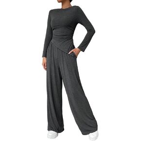 ZAFUL Women's 2 Piece Casual Lounge Sets Loungewear Slim Fit Tops and Wide Leg Pants Pajama Set Outfits