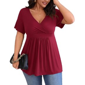 POSESHE Womens Plus Size Tops 2024 Summer Short Sleeves Tunic Tops Casual V-Neck Wrap Shirts Cute Dressy Work Blouses L-4XL