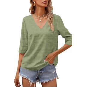 Grlasen Women Fashion Half Sleeve V-Neck T-Shirt Solid Loose Basic Tops
