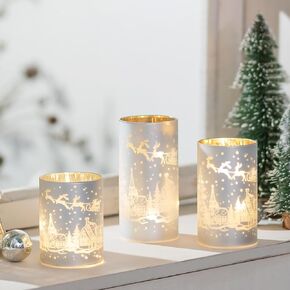 Romadedi Christmas Reindeer Candle Holders - LED Light Up Silver Glass Votive for Xmas Dining Table Room Decorations
