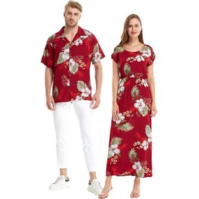 Matchable Couple Hawaiian Luau Shirt or Maxi Simple Dress in Pineapple Garden Burgundy