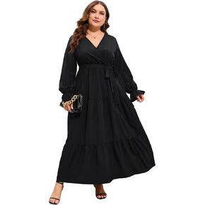 ShopWonder Womens Plus Size V Neck Wrap Long Sleeve Maxi Dress High Waist Ruffle Casual Dress with Belt