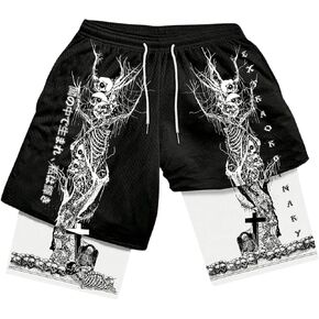 Men's Letter Graphic Workout Shorts Drawstring Waist Straight Leg 2 in 1 Basketball Shorts