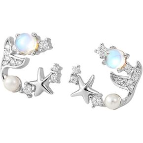 Original starry fishtail earrings female, S925 sterling silver moonstone earrings, geometric compact starfish bead earrings