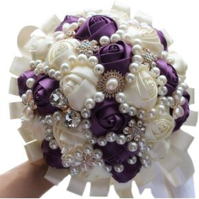 USIX Handcraft Popular Satin Rose Rhinestone Brooch Flower Pearl Bridal Holding Wedding Bouquet Wedding Flower Arrangements Bridesmaid Bouquet(Dark Purple+Ivory)