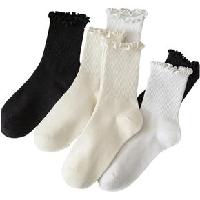 OYOANGLE Women's 5 Pairs Lettuce Edge Crew Socks Rib Knit Breathable Casual Ankle Socks Solid Soft Mid Calf Socks