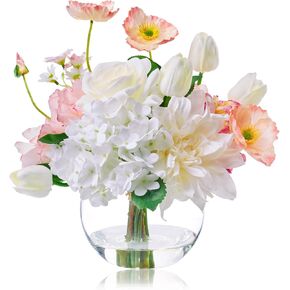WELL KNOWN Artificial Flowers for Table Decoration Silk Hydrangea Flowers with Vase Fake Flower Arrangements in Round Bowl Vase with Faux Water for Summer Spring (White)