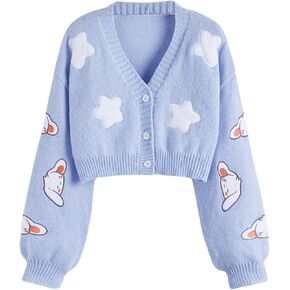 SweatyRocks Women's Cardigan Cartoon Long Sleeve Button Down V Neck Drop Shoulder Cropped Sweater Tops