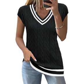 LOMON Womens V Neck Sweater Vest Cap Sleeve Cable Knit Casual Loose Fit Pullover Sleeveless Tank Top