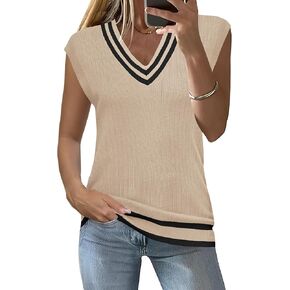 سترة نسائية من LOMON برقبة على شكل حرف V وأكمام قصيرة ومتماسكة، بلوفر كاجوال فضفاض بدون أكمام in Kuwait