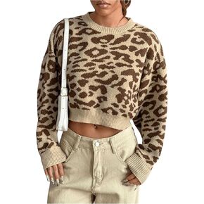 MakeMeChic Women's Leopard Print Crew Neck Sweater Long Sleeve Crop Y2K Pullovers
