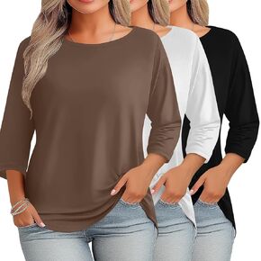 Ficerd 3 Pack Plus Size Tops for Women Dressy 3/4 Sleeves Crew Neck T Shirt Loose Fit Casual Basic Tunic Blouses Tee