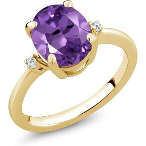 Gem Stone King 18K Yellow Gold Plated Silver Purple Amethyst and White Moissanite 3 Stone Ring For Women (2.33 Cttw, Oval 10X8MM, Gemstone February Birthstone, Available in Size 5,6,7,8,9)