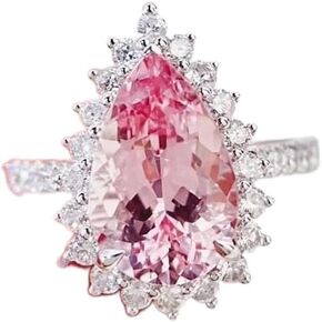 925 Silver Shiny Full Colorful Diamond Ring Iced Pink Teardrop Pear Shaped Ring Cocktail Rings Heart Shape Pink Cubic Zirconia Promise Rings CZ Ring Eternity Engagement Wedding Band Ring for Women 6