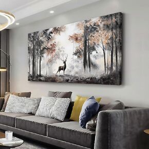 Canvas Wall Art Mountain Forest Landscape Ink Paintings Abstract Wall Deer Pictures Framed Artwork Modern Aesthetic Suitable for Living Room Bedroom and Office Home Decor 20x40 In