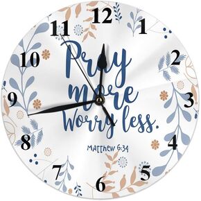 Moslion Pray More Worry Less Wall Clock Floral Wreath Bible Quote Christian Verse Faith Style Round Wall Clock Home Decor Wall Clock for Living Room Bedroom Kitchen Office