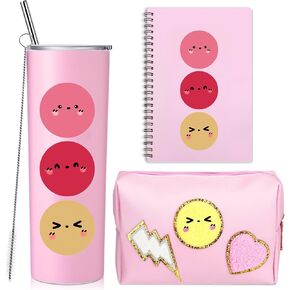 Fumete 3 Pcs Thank You Pink Gift Set Include 20 oz Preppy Stainless Steel Tumbler Preppy Notebook PU Leather Waterproof Makeup Cosmetic Bag Valentine's Day Graduation Back to School Gifts(Smile Face)