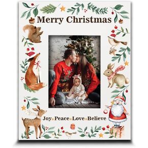BELLA BUSTA- Merry Christmas Theme Picture Frame- Joy, Peace, Love, Believe- Woodland Animal Christmas Theme-UV Print (5x7 VERTICAL)