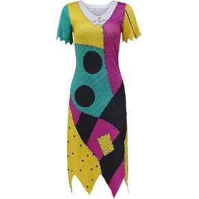 Sally Dress Nightmare Costume Christmas Adult Cosplay Halloween Stitching Stripes Color Outfit
