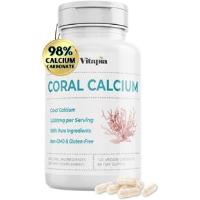 Coral Calcium Powder 1000mg Capsules for Overall Health, Bone Health, PH Level Balance, Trace Minerals Support - 120 Veggie Capsules - Non-GMO & Gluten-Free Supplement