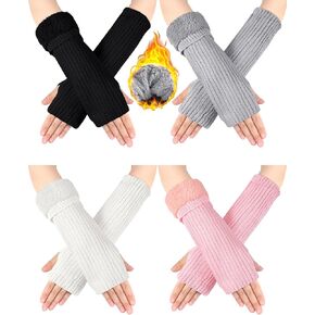 Shihanee 4 Pairs Winter Fleece Lined Arm Warmers for Women Knit Long Fingerless Gloves Warm Thumbhole Mittens for Women(Simple Color,Vertical Stripe Style)