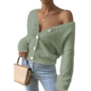 Pink Queen Women's Furry Cropped Cardigan Batwing Sleeves Open Front V-Neck Button Down Loose Casual Knit Sweater Coat in Kuwait