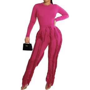 EDITCOZY Women Sexy Two Piece Outfits Fringe Pants Set Long Sleeve Club 2 Piece Going Out Birthday Party Night